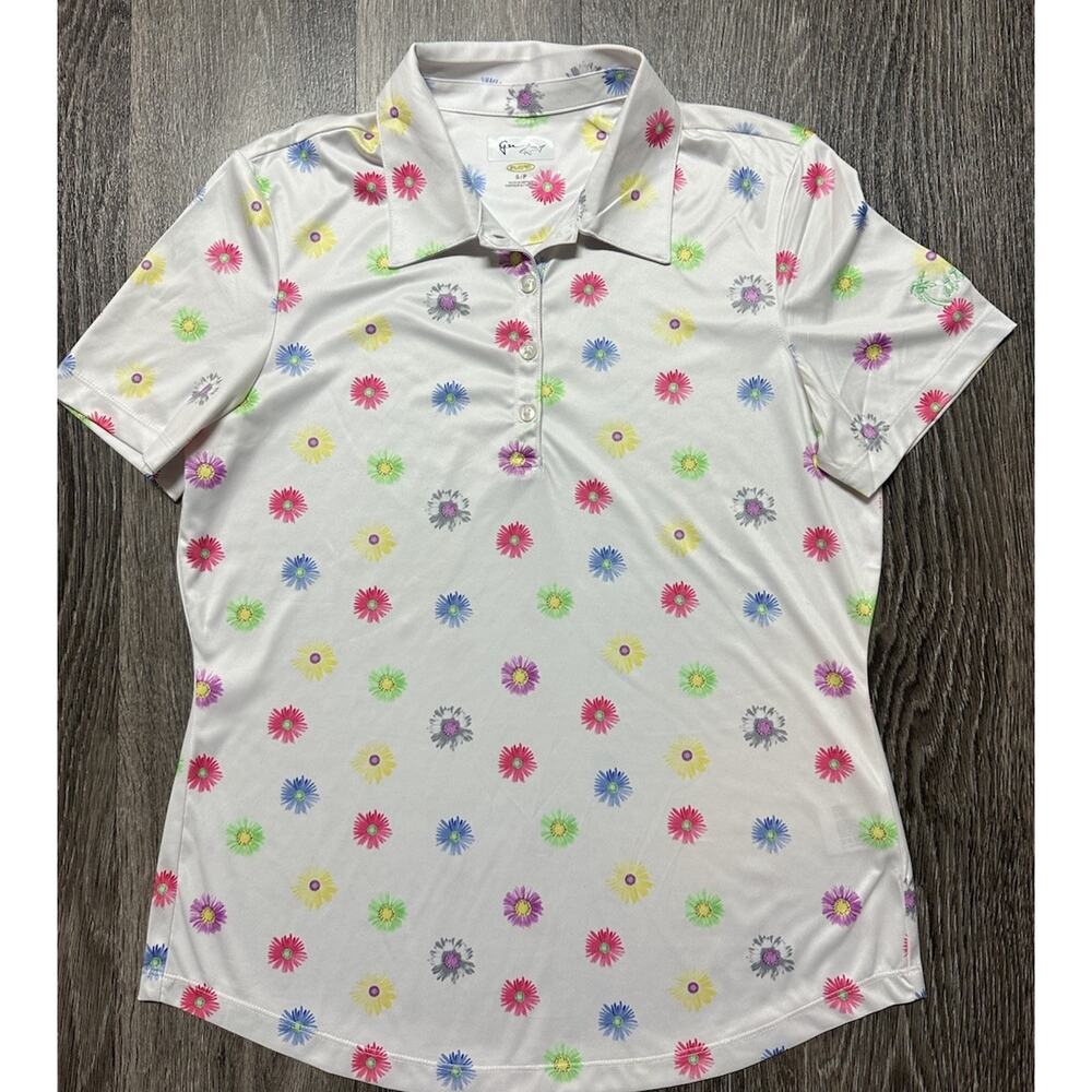 Greg Norman Play Dry Polo Shirt Womens Small Floral Golf White Short Sleeve Logo
